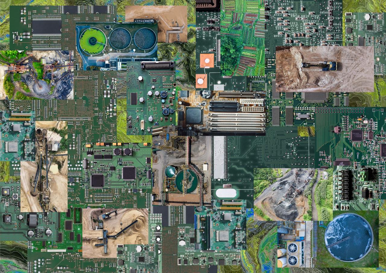 A collage of circuit boards interwoven with aerial photographs of water treatment facilities, agricultural lands, industrial sites and mining machinery.
Sinem Görücü / https://betterimagesofai.org / https://creativecommons.org/licenses/by/4.0/